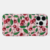 Coque iPhone 16 Pro Max Cerises rouges sur vichy rose (Verso Horizontal)