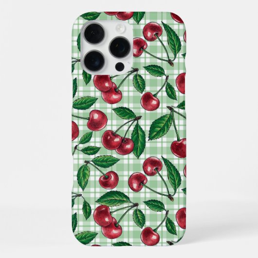 Coque iPhone 16 Pro Max Cerises rouges sur vichy vert clair (Verso)