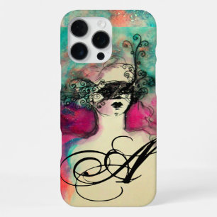 Coque iPhone 16 Pro Max CHARM /Dame au Masque Monogramme Rose Turquoise Ve