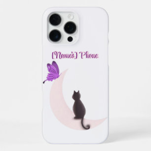 Coque iPhone 16 Pro Max Charmant Chat Kawaii sur la Lune avec Papillon Per