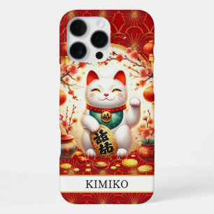 Coque iPhone 16 Pro Max Chat Chanceux Avec Pièces D'or Sur Monogramme Roug