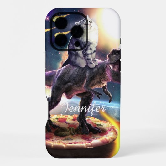 Coque iPhone 16 Pro Max Chat équitation dinosaure licorne dans l'espace (Verso)