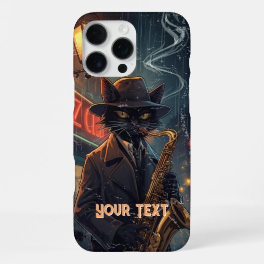 Coque iPhone 16 Pro Max Chat Noir Jouant du Saxophone Saxophoniste En Colè (Verso)
