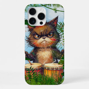 Coque iPhone 16 Pro Max Chat Noir Tambours Africains Cadeau Drummer Drôle