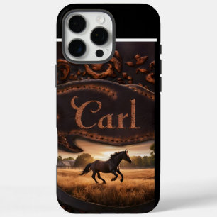 Coque iPhone 16 Pro Max Cheval courant dans un champ au coucher du soleil