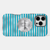 Coque iPhone 16 Pro Max Chic Aqua Monogram rayures argentées (Verso Horizontal)