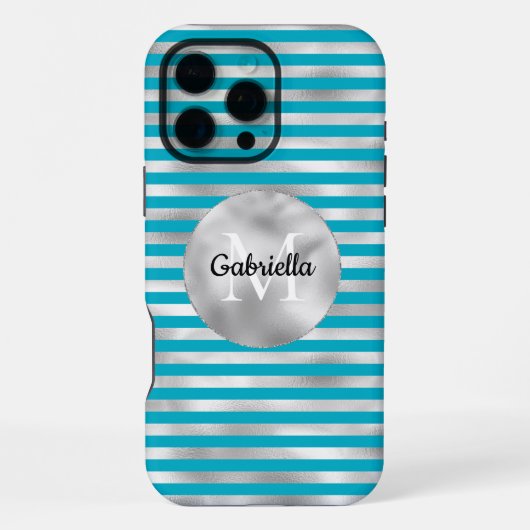 Coque iPhone 16 Pro Max Chic Aqua Silver Stripes Monogramme (Verso)