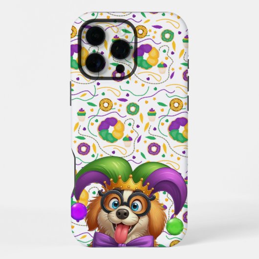 Coque iPhone 16 Pro Max Chien chiot mignon Mardi Gras en casquette jester (Verso)