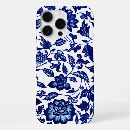 Coque iPhone 16 Pro Max Chinois bleu marine foncé motif floral sur blanc (Verso)