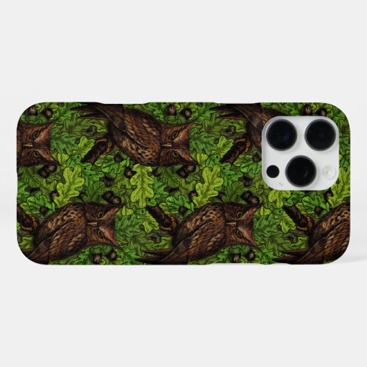 Coque iPhone 16 Pro Max Chouettes dans le chêne, vert et marron (Verso Horizontal)