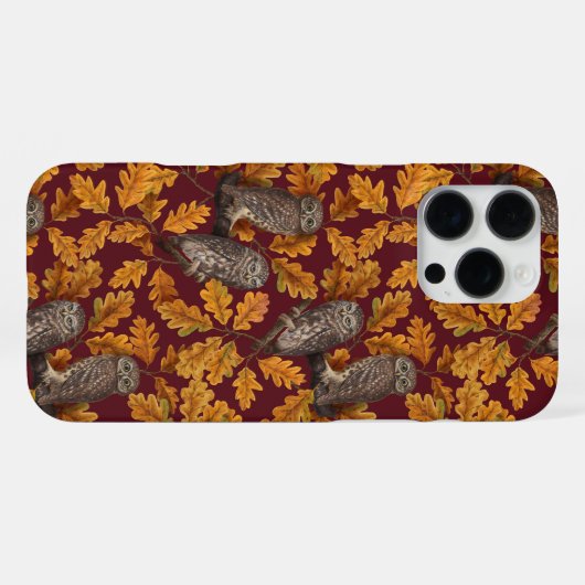 Coque iPhone 16 Pro Max Chouettes d'automne sur rouge foncé (Verso Horizontal)