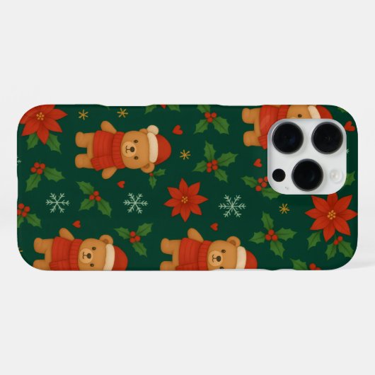 Coque iPhone 16 Pro Max Christmas Teddy Bear Pattern – Cute Green Holiday (Verso Horizontal)
