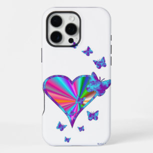 Coque iPhone 16 Pro Max Cœur arc-en-ciel et papillon