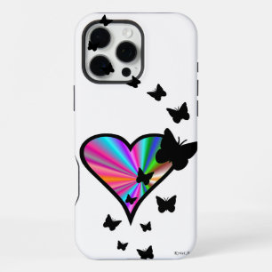 Coque iPhone 16 Pro Max Cœur Arc-en-ciel et Papillon