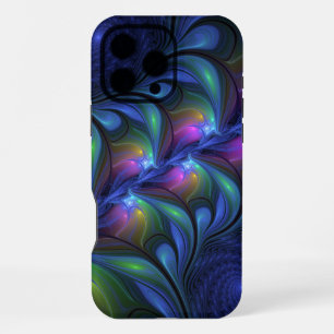 Coque iPhone 16 Pro Max Coloré Lumineux Abstrait Bleu rose Vert Fractal