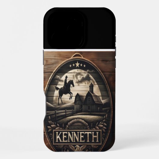 Coque iPhone 16 Pro Max Conception de ferme rustique avec cavalier (Verso)