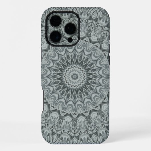 Coque iPhone 16 Pro Max Conception de motif mandala gris et argent (Verso)