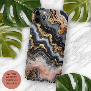 Coque iPhone 16 Pro Max Corail Noir Chic Rose Blanc Motif Marbre Or