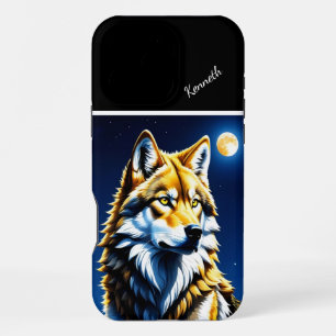 Coque iPhone 16 Pro Max Coucher de soleil Loup doré et argenté