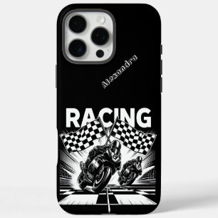 Coque iPhone 16 Pro Max Course de vitesse avec drapeaux à damier en action