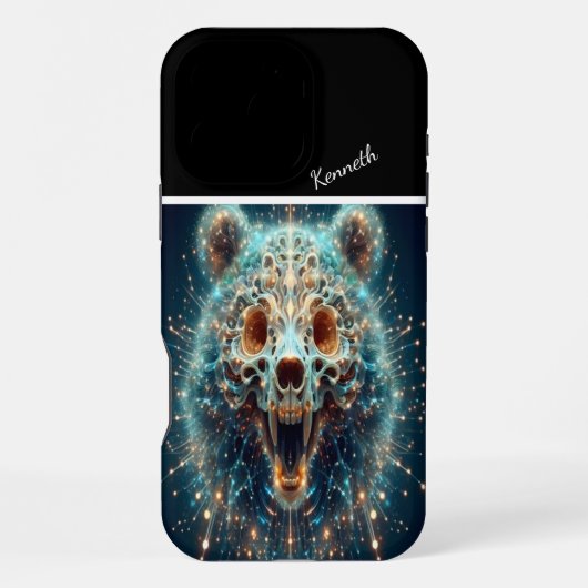 Coque iPhone 16 Pro Max Crâne d'ours dans une explosion de lumière (Verso)