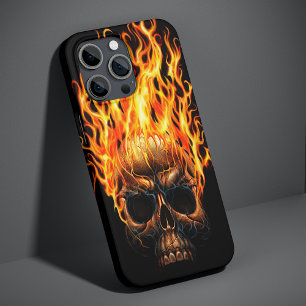Coque iPhone 16 Pro Max Crâne gothique motif feu jaune orange