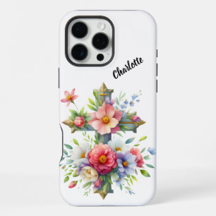 Coque iPhone 16 Pro Max Croix Bleue Chrétienne par Fleurs Épanouies