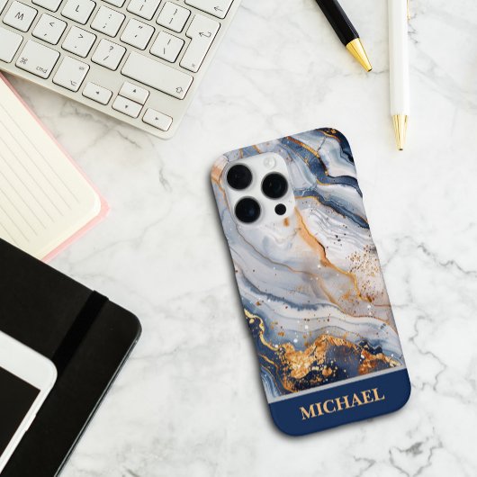 Coque iPhone 16 Pro Max Custom Blue Marble With Gold Accents Personalized