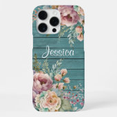 Coque iPhone 16 Pro Max Custom Name Rustic Teal Wood Floral Personalized (Verso)