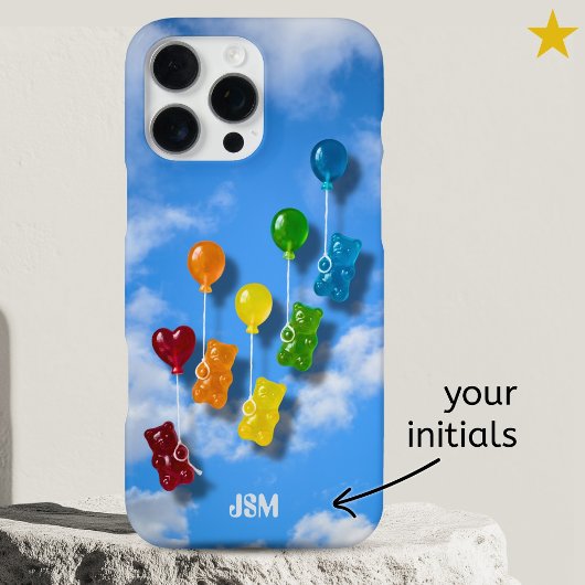 Coque iPhone 16 Pro Max Cute Rainbow Gummy Bear Balloon Custom Name 