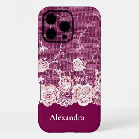Coque iPhone 16 Pro Max Dentelle florale rose (Verso)