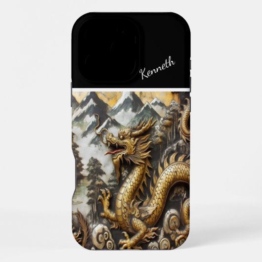 Coque iPhone 16 Pro Max Dragon d'or ascendant (Verso)