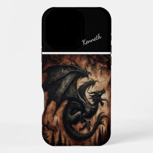 Coque iPhone 16 Pro Max Dragon noir s'élevant au-dessus de la forêt