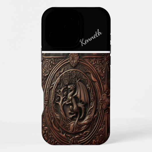 Coque iPhone 16 Pro Max Dragon sculpté dans le cuir (Verso)