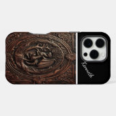 Coque iPhone 16 Pro Max Dragon sculpté dans le cuir (Verso Horizontal)
