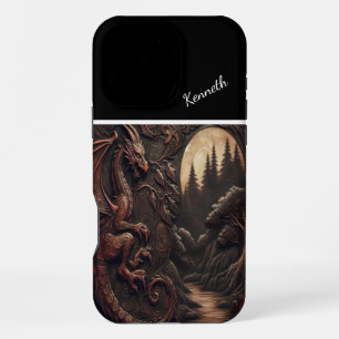 Coque iPhone 16 Pro Max Dragon sculpté sous la lumière de la lune