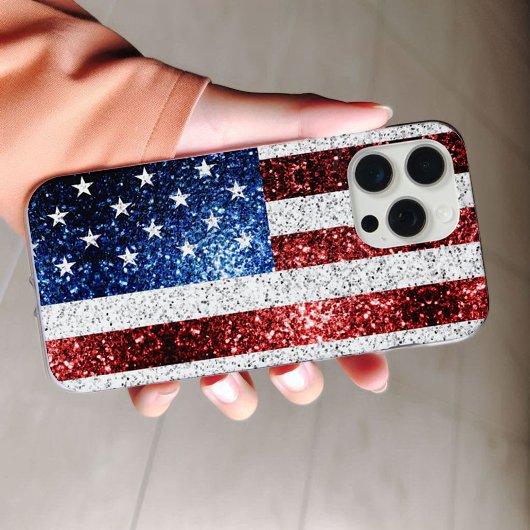 Coque iPhone 16 Pro Max Drapeau américain rouge blanc bleu scintillements