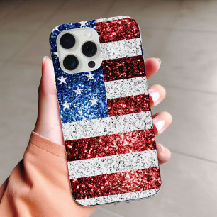 Coque iPhone 16 Pro Max Drapeau américain rouge blanc bleu scintillements 