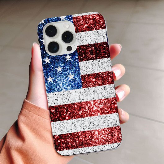 Coque iPhone 16 Pro Max Drapeau américain rouge blanc bleu scintillements