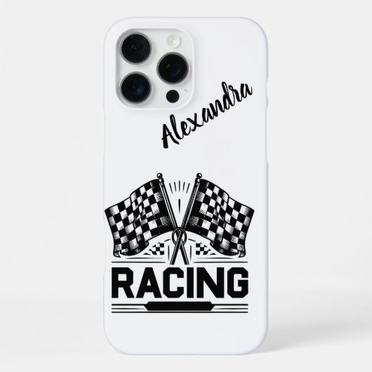 Coque iPhone 16 Pro Max Drapeaux de course flottant fièrement à l'arrivée (Verso)
