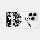 Coque iPhone 16 Pro Max Drapeaux de course flottant fièrement à l'arrivée (Verso Horizontal)