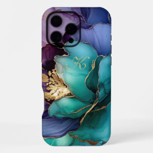 Coque iPhone 16 Pro Max Élégant bleu Turquoise Lilac Or Fleurs Monogramme