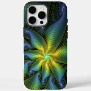 Coque iPhone 16 Pro Max Étoile abstraite, art fractal doré bleu vert brill