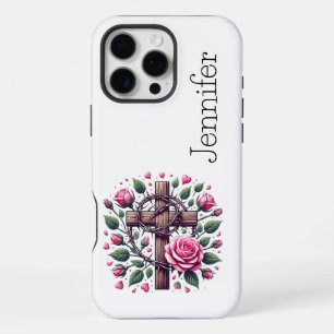 Coque iPhone 16 Pro Max Étui iPhone Cœur de Rose Rose Croix de Foi