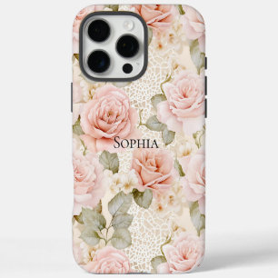 Coque iPhone 16 Pro Max Fard Rose Crème Floral Roses Roses Mariage