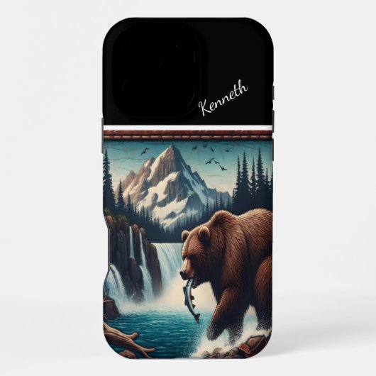 Coque iPhone 16 Pro Max Festin de grizzli près d'une cascade (Verso)