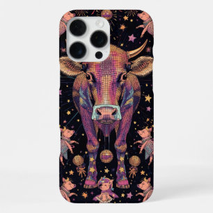 Coque iPhone 16 Pro Max Fête disco des années 80 Vache surréaliste et coch