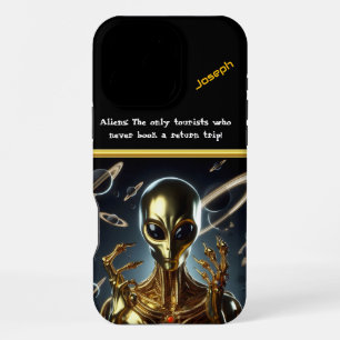Coque iPhone 16 Pro Max Figure d'alien doré parmi les anneaux cosmiques à
