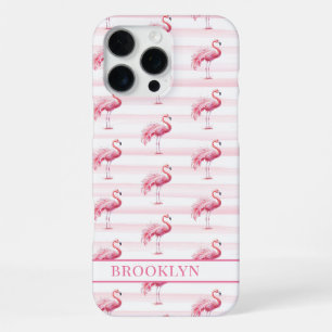 Coque iPhone 16 Pro Max Flamants sur rayures à l'aquarelle monogrammées