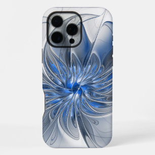 Coque iPhone 16 Pro Max Fleur d'art fractal à l'aquarelle bleue grise abst